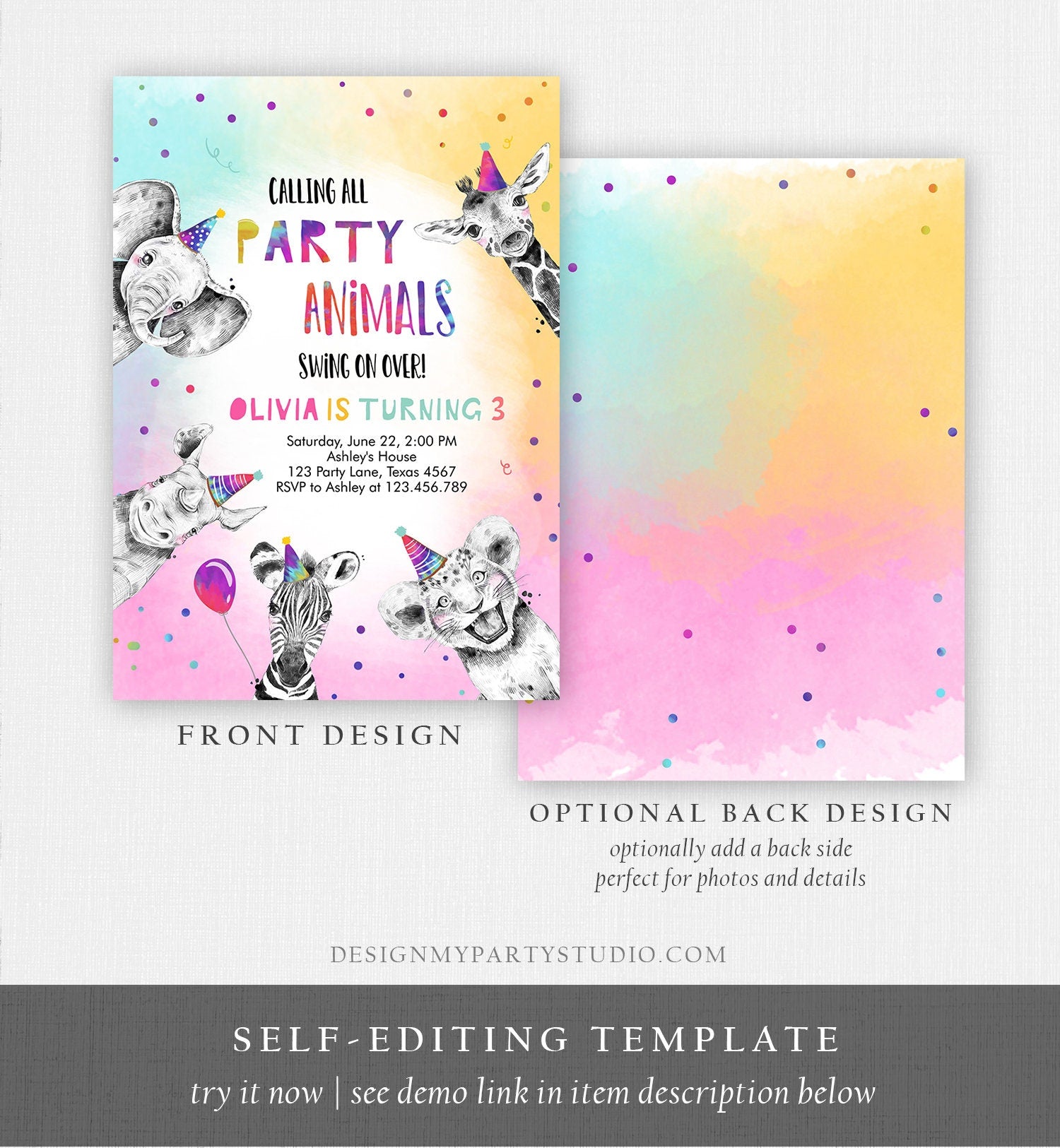 Editable Party Animals Birthday Invitation Wild One Animals Invitation Zoo Safari Animals Girl Digital Download Template Printable 0486