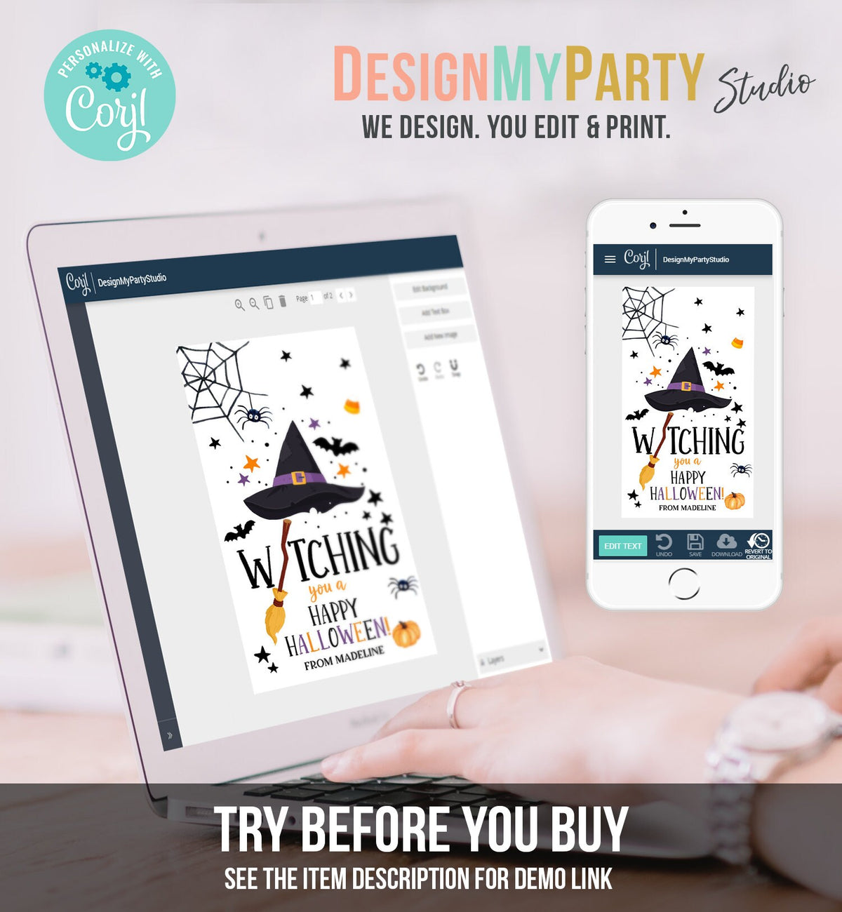 Editable Halloween Favor Tags Witching You a Happy Halloween Trick Or Treat Favor Halloween Party Digital Download Template Printable 0261