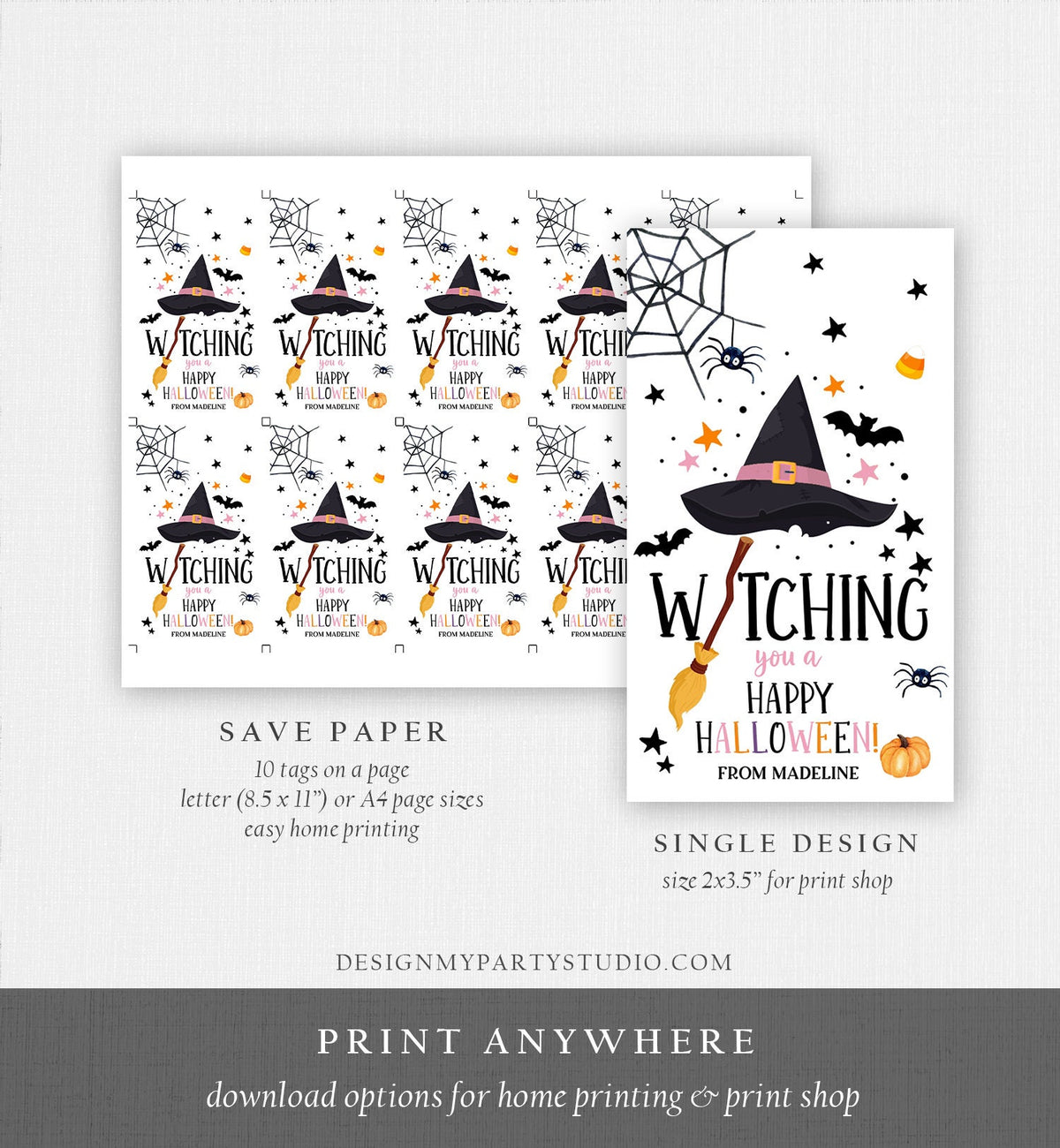 Editable Halloween Favor Tags Witching You a Happy Halloween Trick Or Treat Favor Tags Birthday Party Download Printable Template Corjl 0261