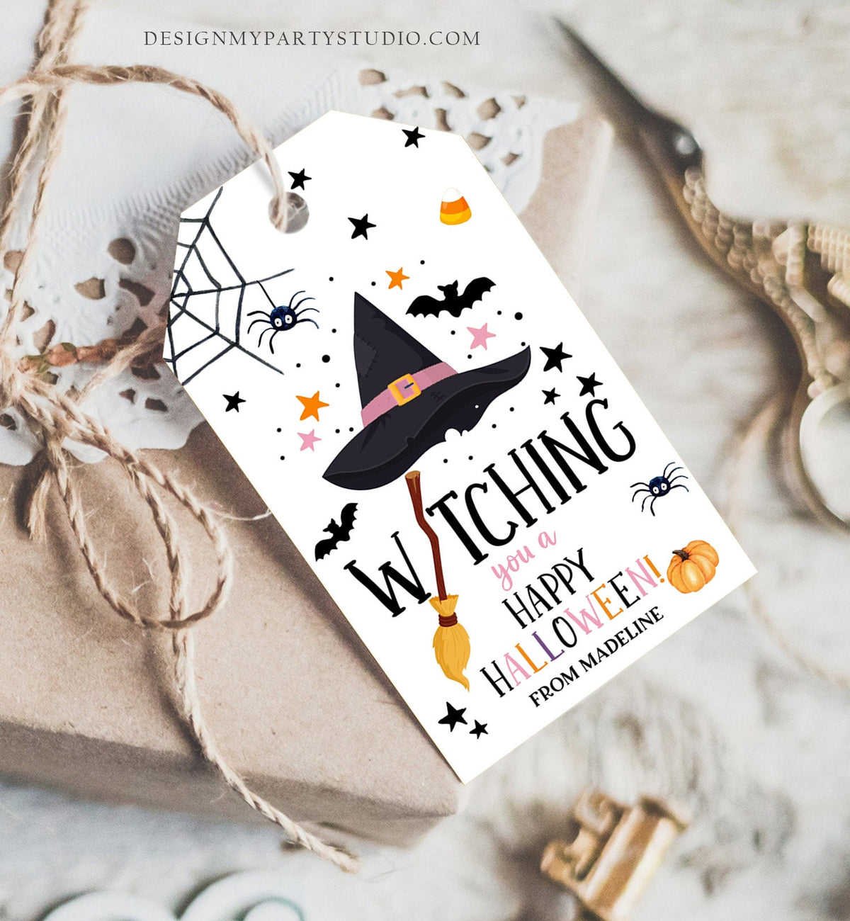Editable Halloween Favor Tags Witching You a Happy Halloween Trick Or Treat Favor Tags Birthday Party Download Printable Template Corjl 0261