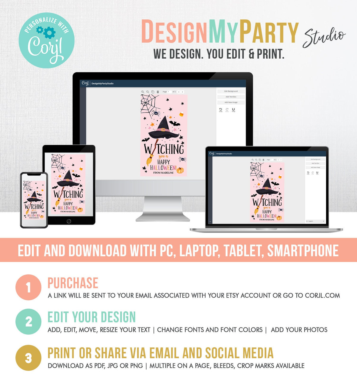 Editable Halloween Favor Tags Witching You a Happy Halloween Trick Or Treat Favor Birthday Party Digital Download Template Printable 0261