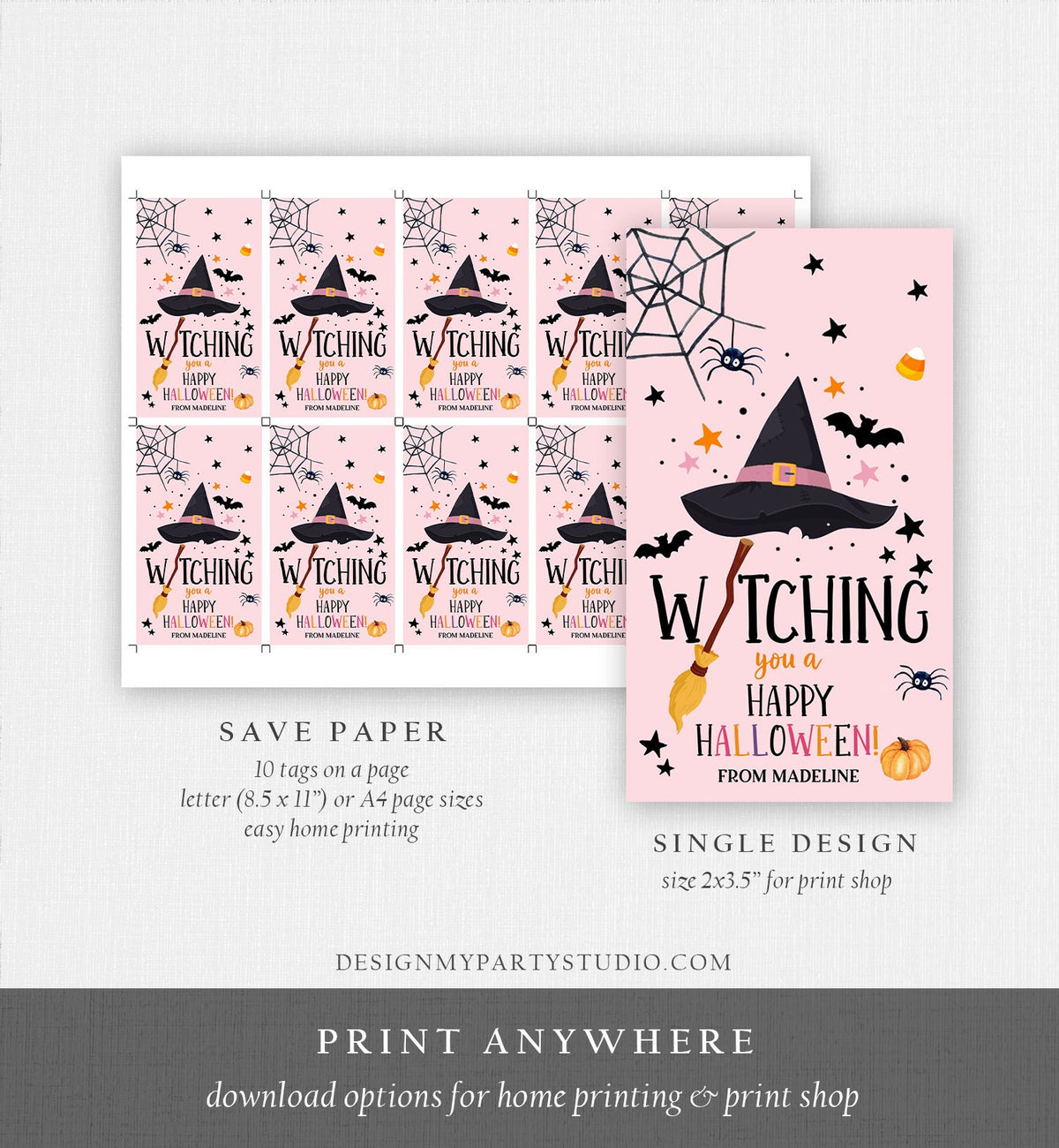 Editable Halloween Favor Tags Witching You a Happy Halloween Trick Or Treat Favor Birthday Party Digital Download Template Printable 0261