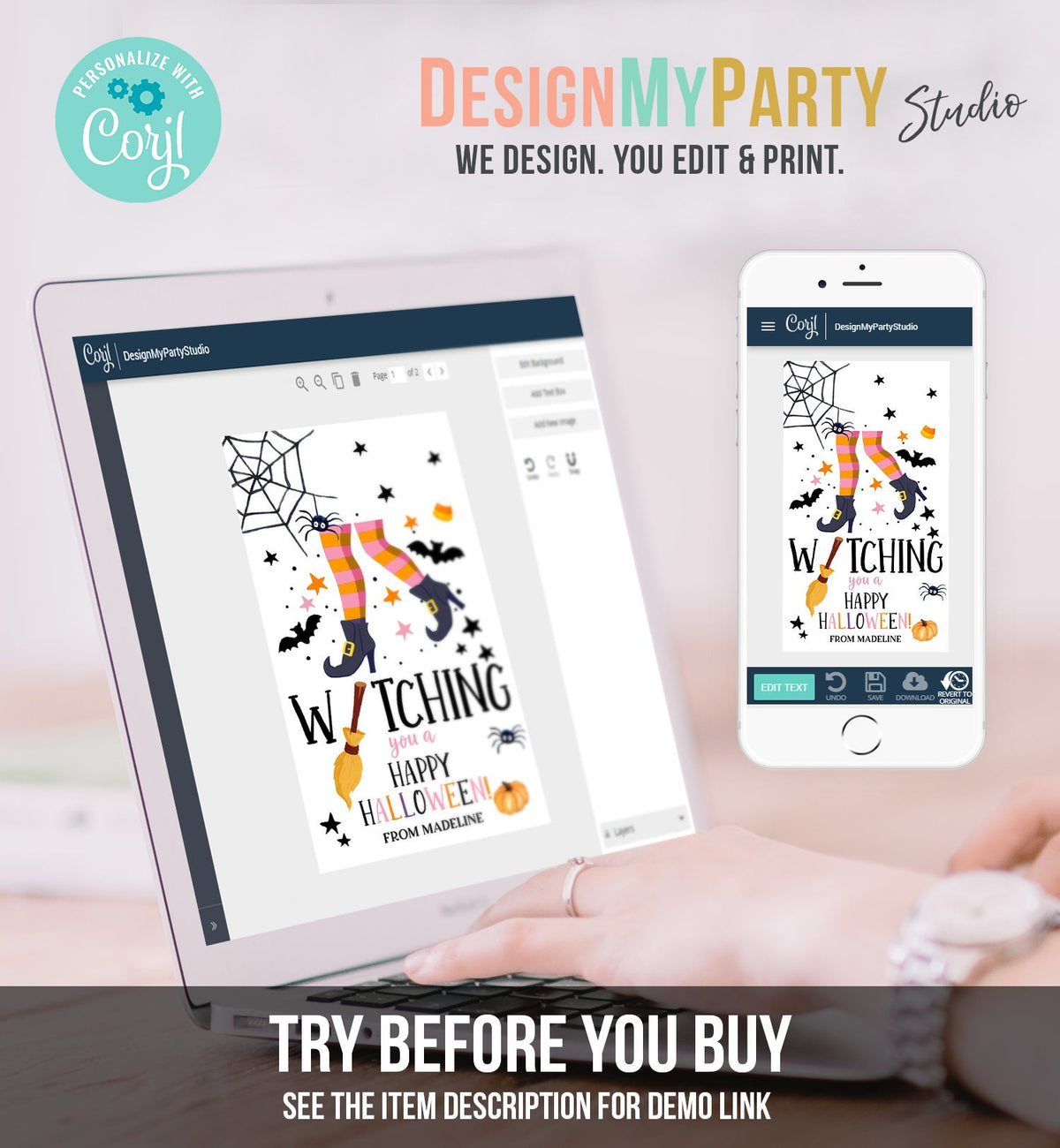 Editable Halloween Favor Tags Witching You a Happy Halloween Trick Or Treat Favor Tag Halloween Digital Download Template Printable 0261