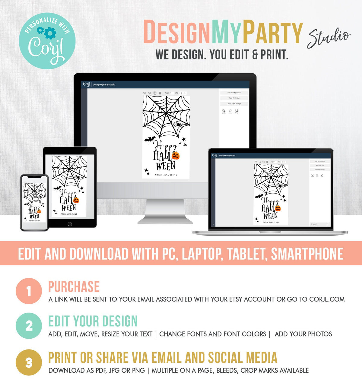 Editable Happy Halloween Gift Tags Trick Or Treat Favor Tags Spiderweb Treat Bag Spooky Personalized Download Printable Corjl 0261 0009