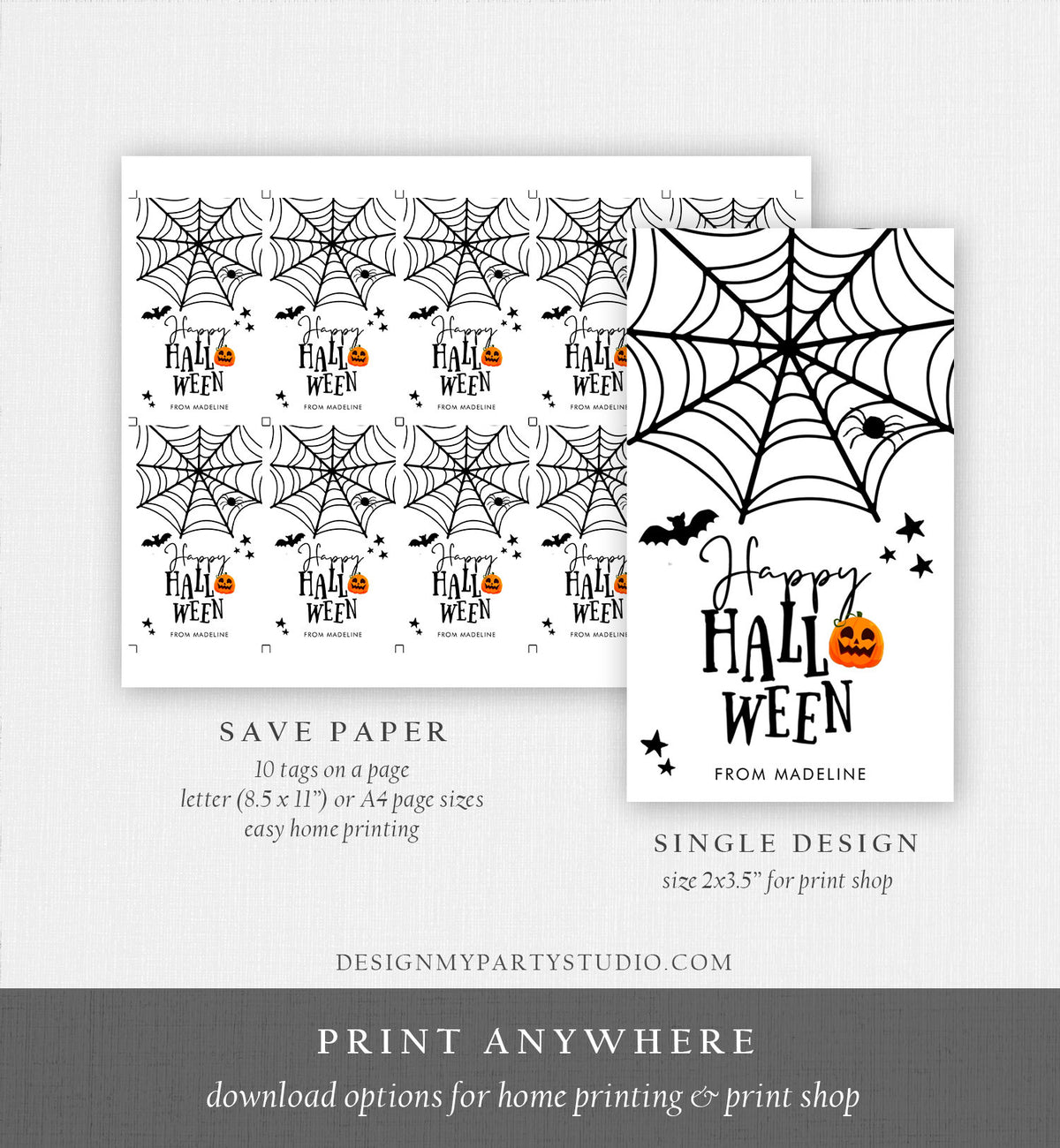 Editable Happy Halloween Gift Tags Trick Or Treat Favor Tags Spiderweb Treat Bag Spooky Personalized Download Printable Corjl 0261 0009