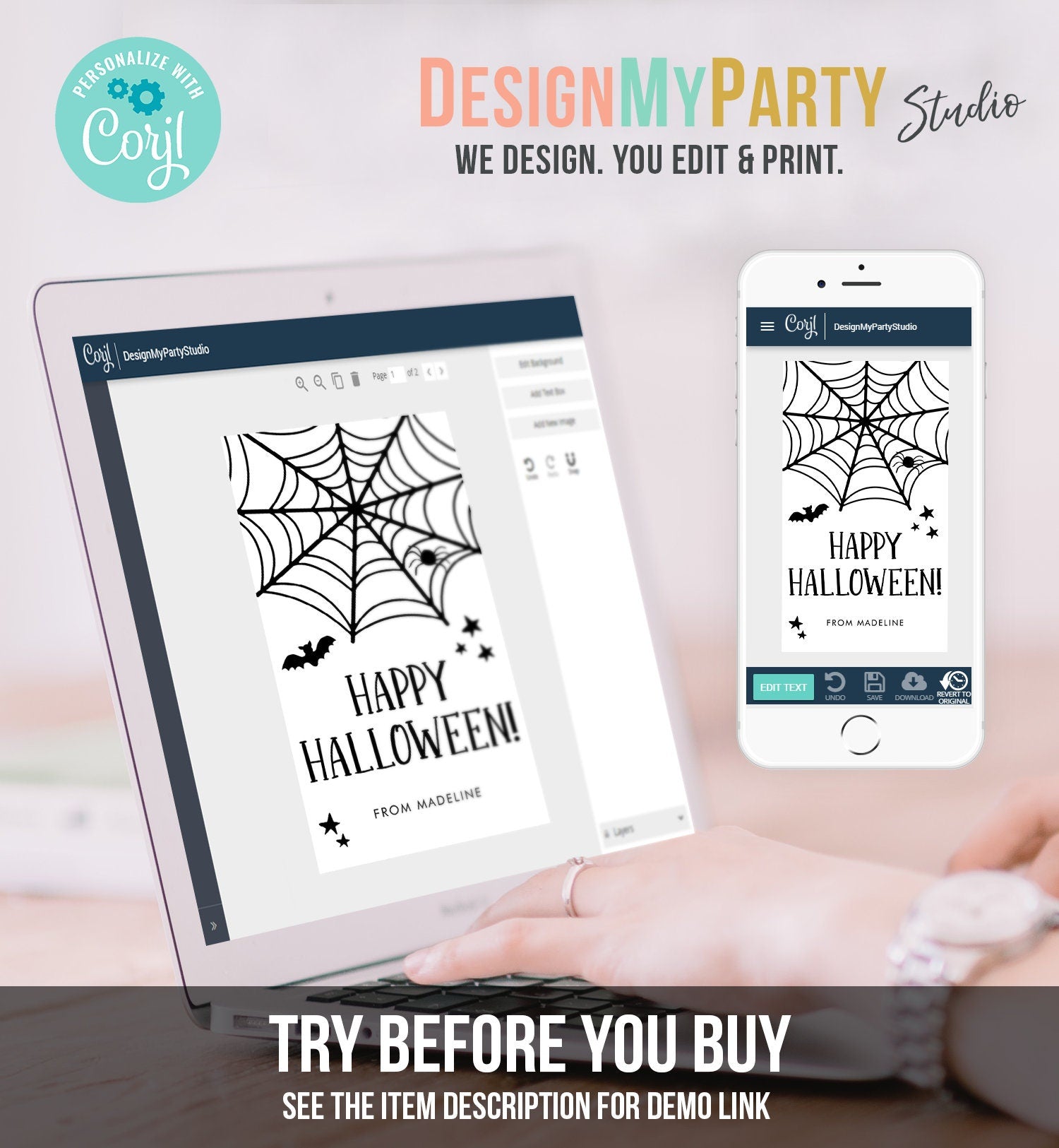 Editable Happy Halloween Gift Tags Trick Or Treat Favor Tags Spiderweb Treat Bag Spooky Personalized Download Template Printable 0261 0009