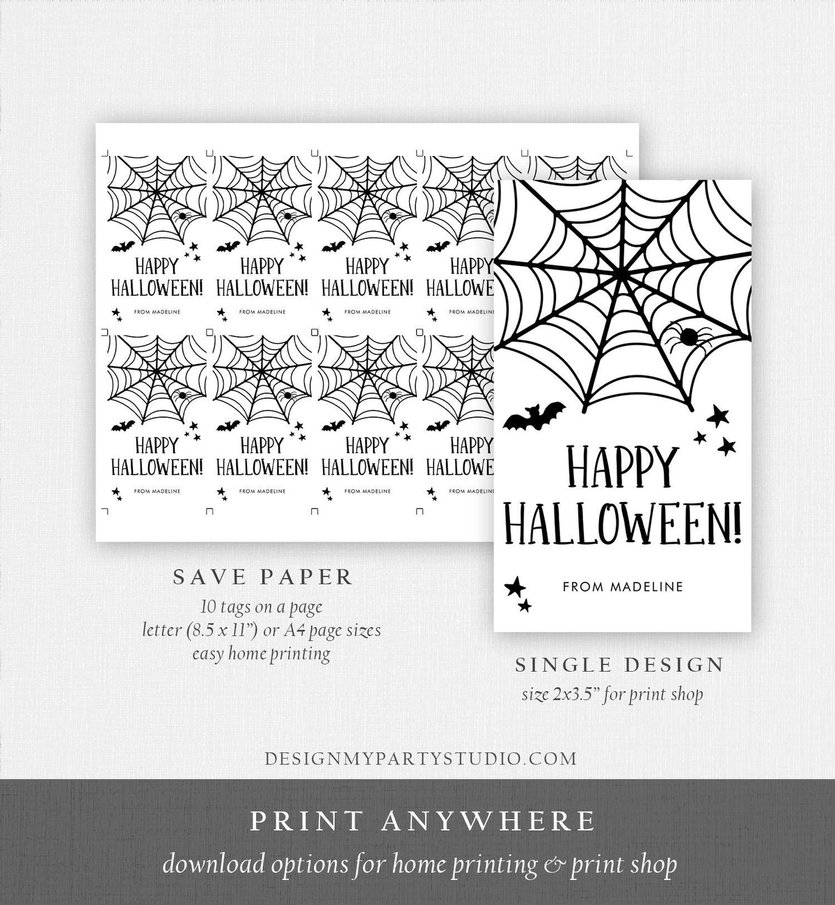 Editable Happy Halloween Gift Tags Trick Or Treat Favor Tags Spiderweb Treat Bag Spooky Personalized Download Template Printable 0261 0009