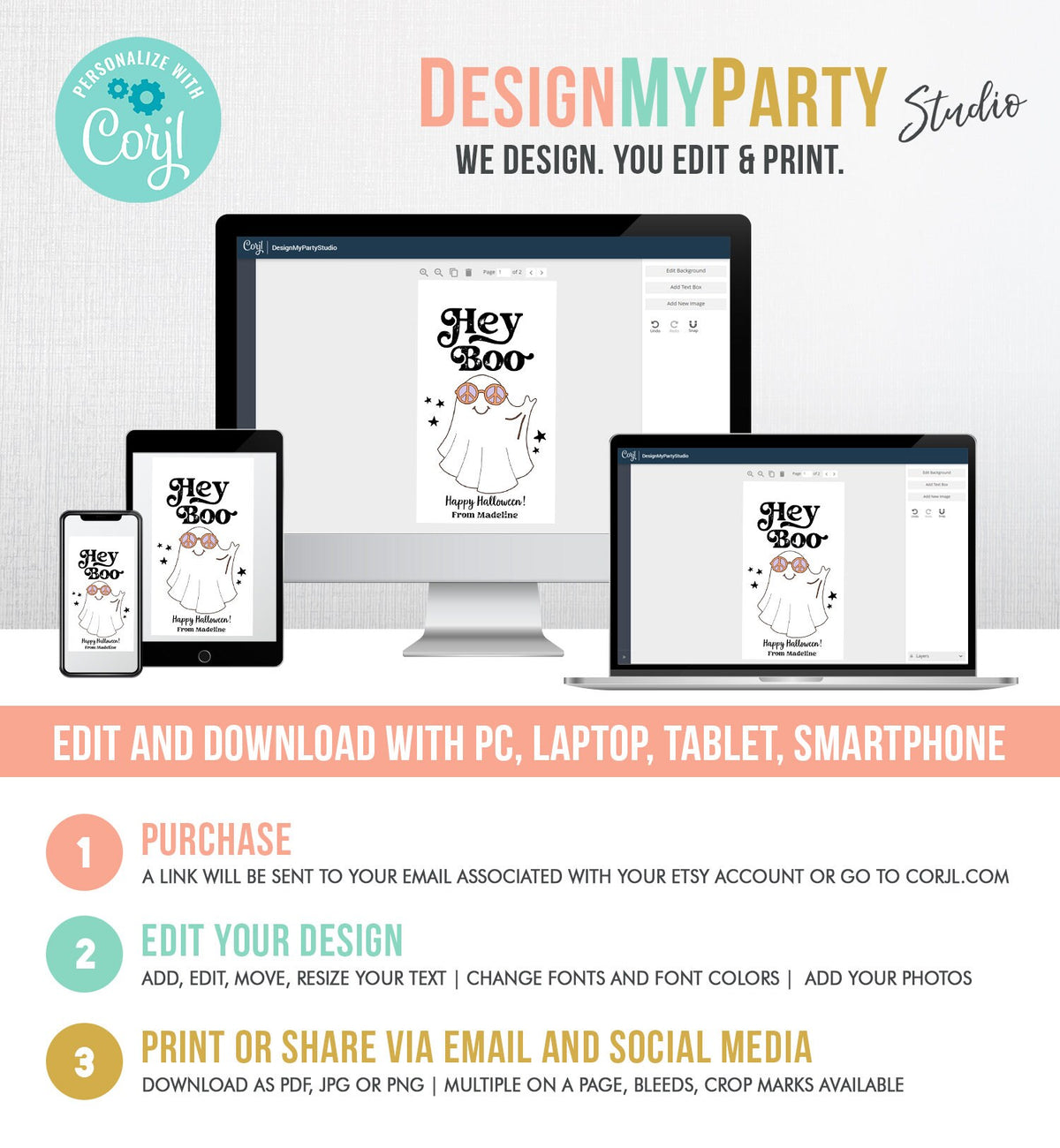 Editable Retro Halloween Favor Tags Hey Boo Gift Tags Costume Party Trick Or Treat School Classroom Digital Download Template Printable 0261