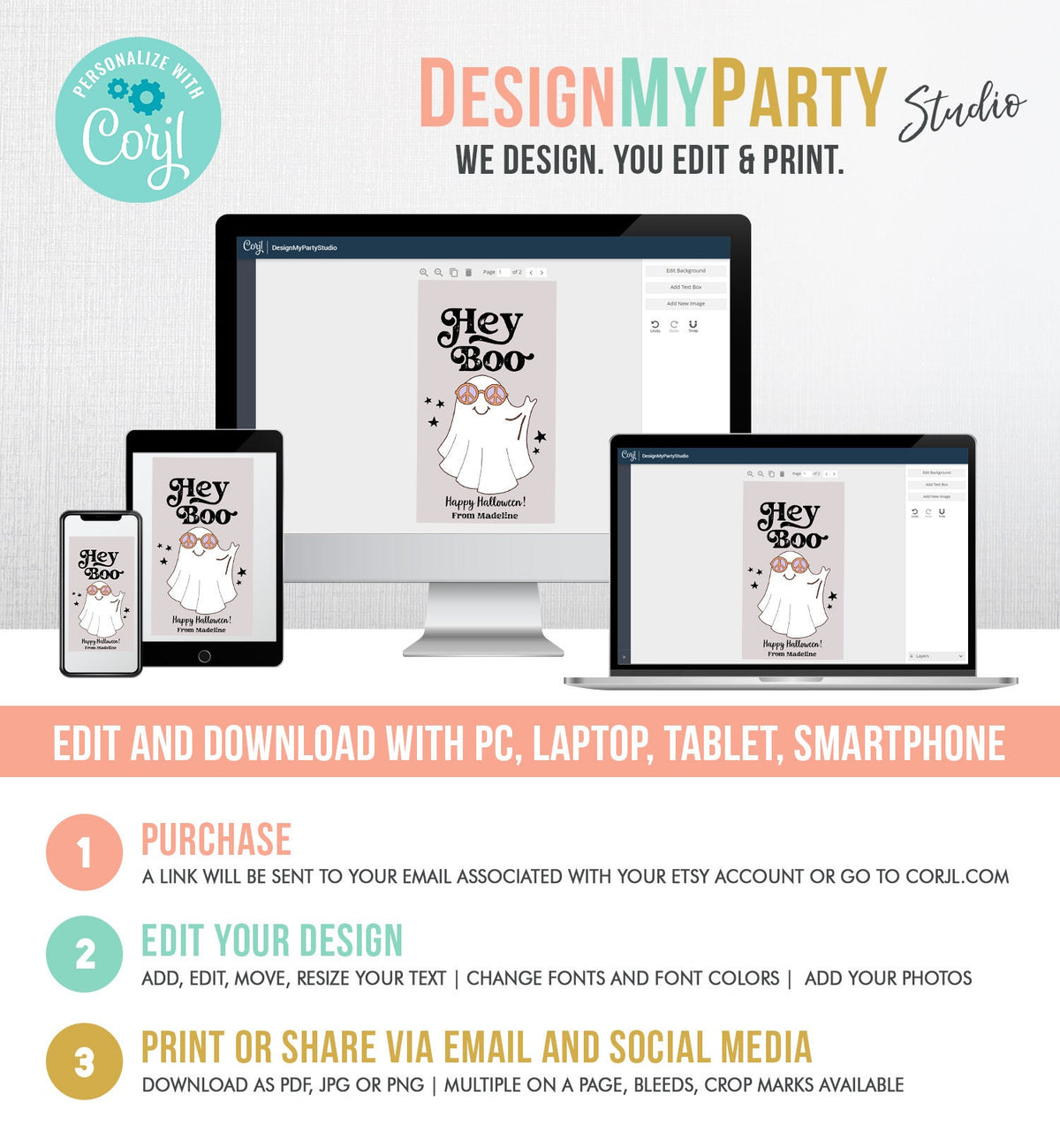 Editable Retro Halloween Favor Tags Hey Boo Gift Tags Costume Party Trick Or Treat Favor School Classroom Digital Template Printable 0261