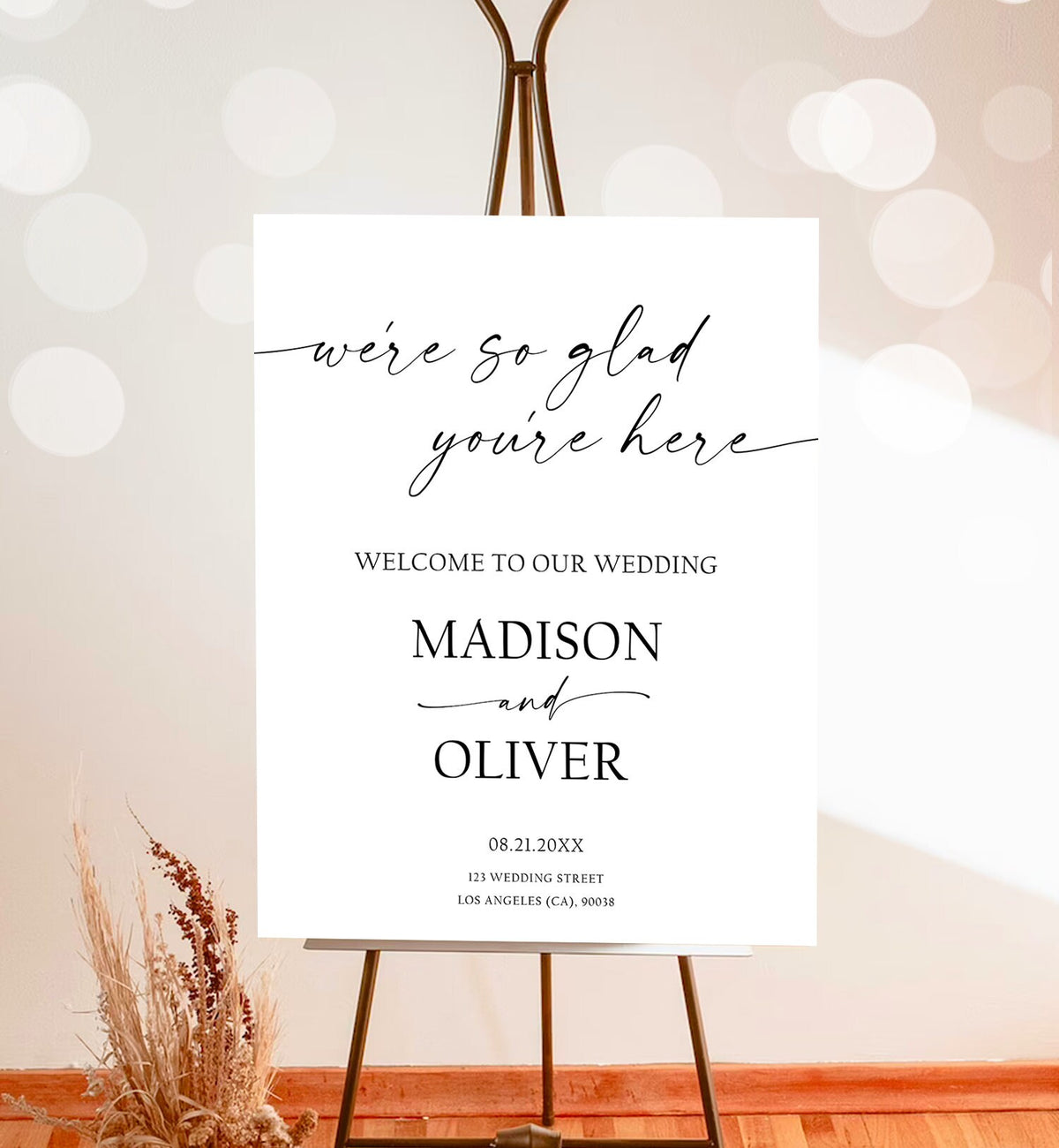 We&#39;re So Glad You&#39;re Here Minimalist Wedding Welcome Sign Boho Rustic Modern Calligraphy Welcome Poster Digital Template Printable 0493