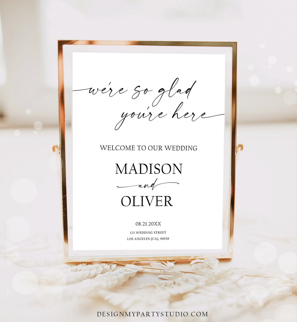 We&#39;re So Glad You&#39;re Here Minimalist Wedding Welcome Sign Boho Rustic Modern Calligraphy Welcome Poster Digital Template Printable 0493