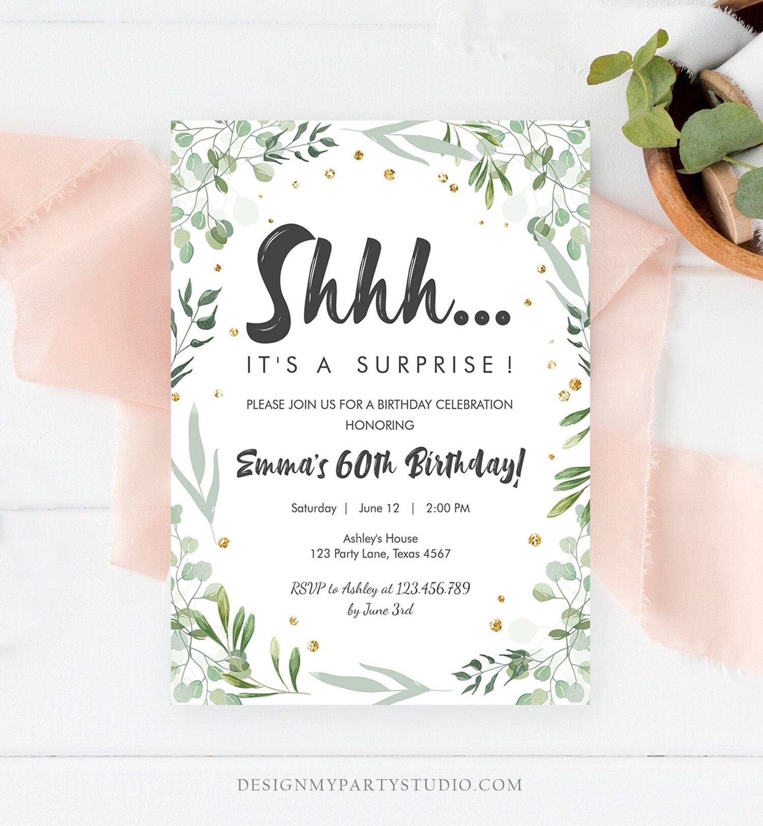 Editable Greenery Surprise Birthday Invitation ANY AGE Shhh Its It&#39;s A Surprise 30th 50th 60th Birthday Party Corjl Template Printable 0253