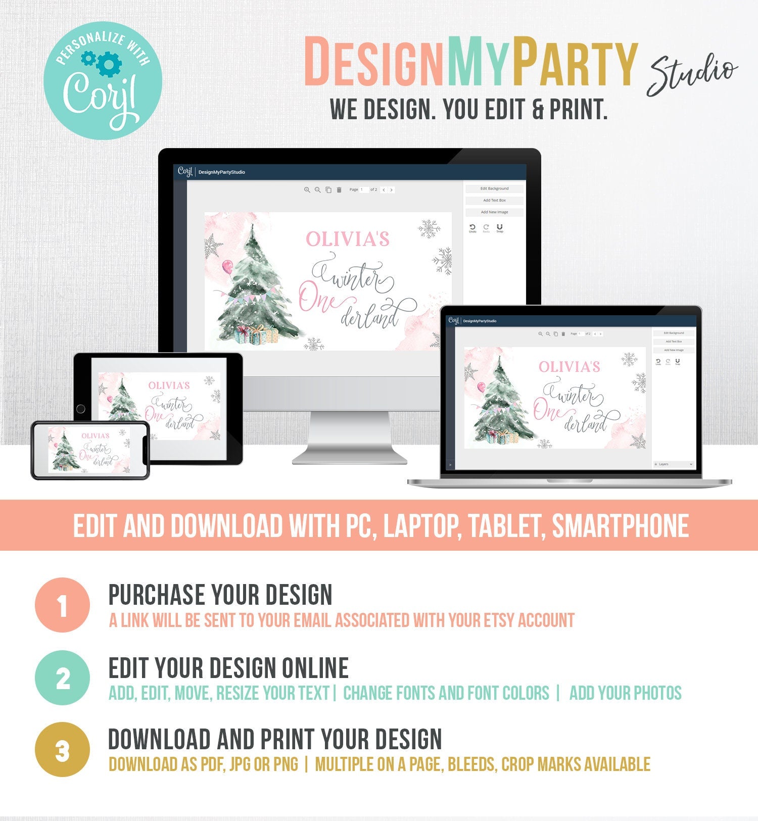 Editable Winter ONEderland Gable Gift Box Label Girl Birthday Treat Box Label Snow Tree Christmas Snowflake Digital Download Printable 0363