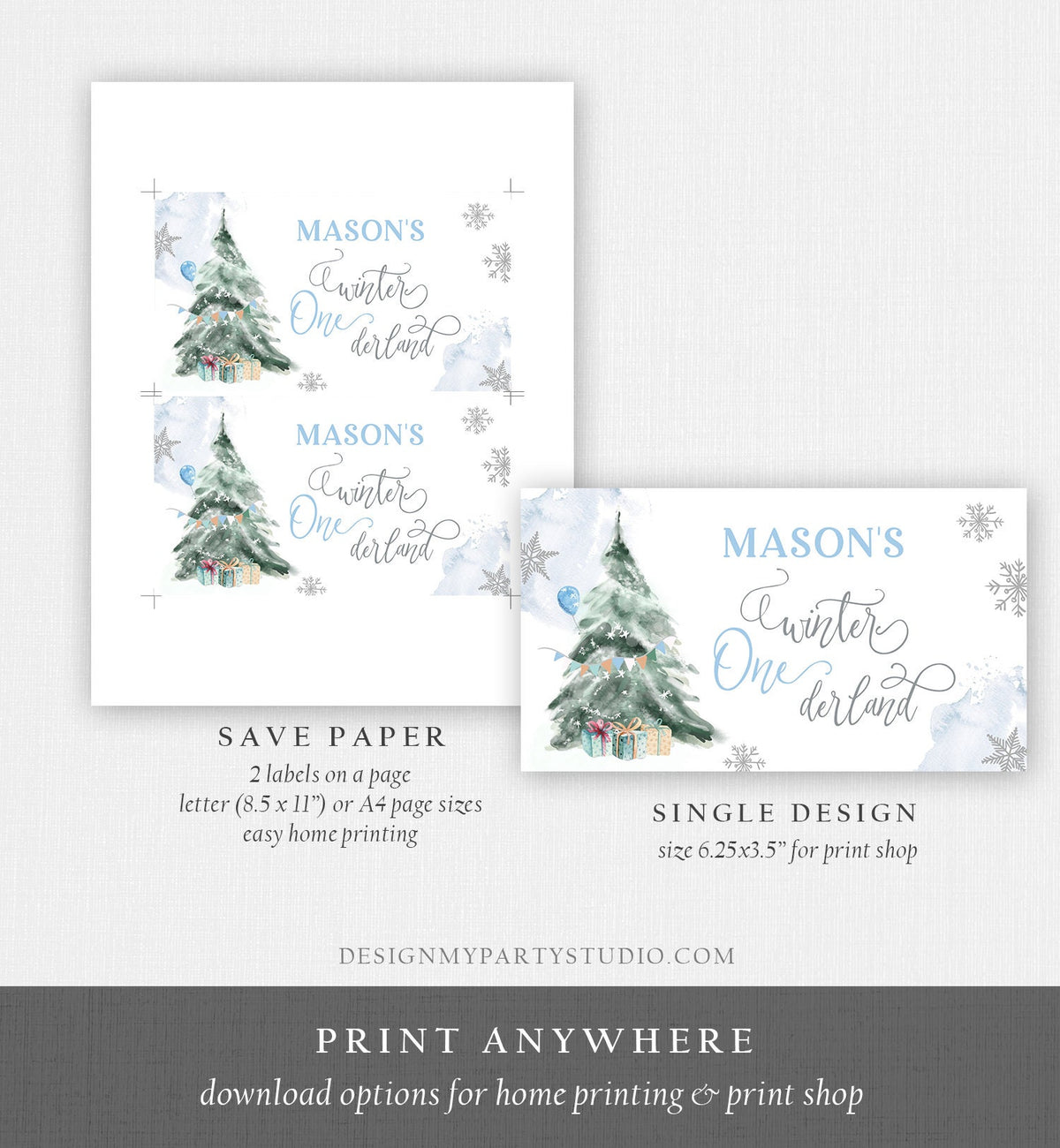 Editable Winter ONEderland Gable Gift Box Label Boy Birthday Treat Box Label Snow Tree Christmas Snowflake Download Printable Corjl 0363