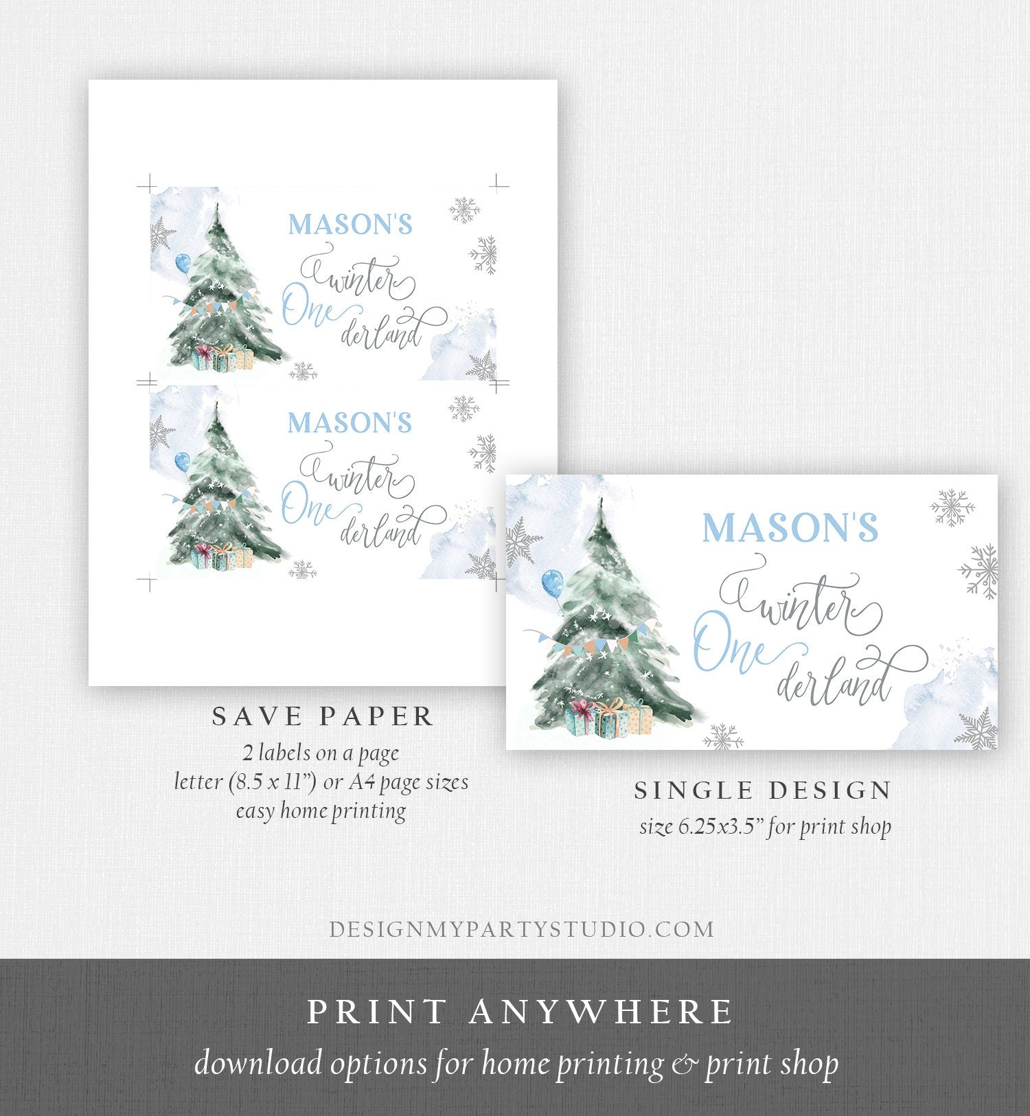 Editable Winter ONEderland Gable Gift Box Label Boy Birthday Treat Box Label Snow Tree Christmas Snowflake Download Printable Corjl 0363