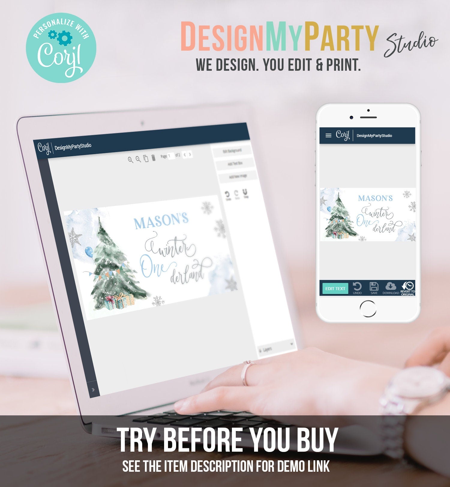 Editable Winter ONEderland Gable Gift Box Label Boy Birthday Treat Box Label Snow Tree Christmas Snowflake Download Printable Corjl 0363