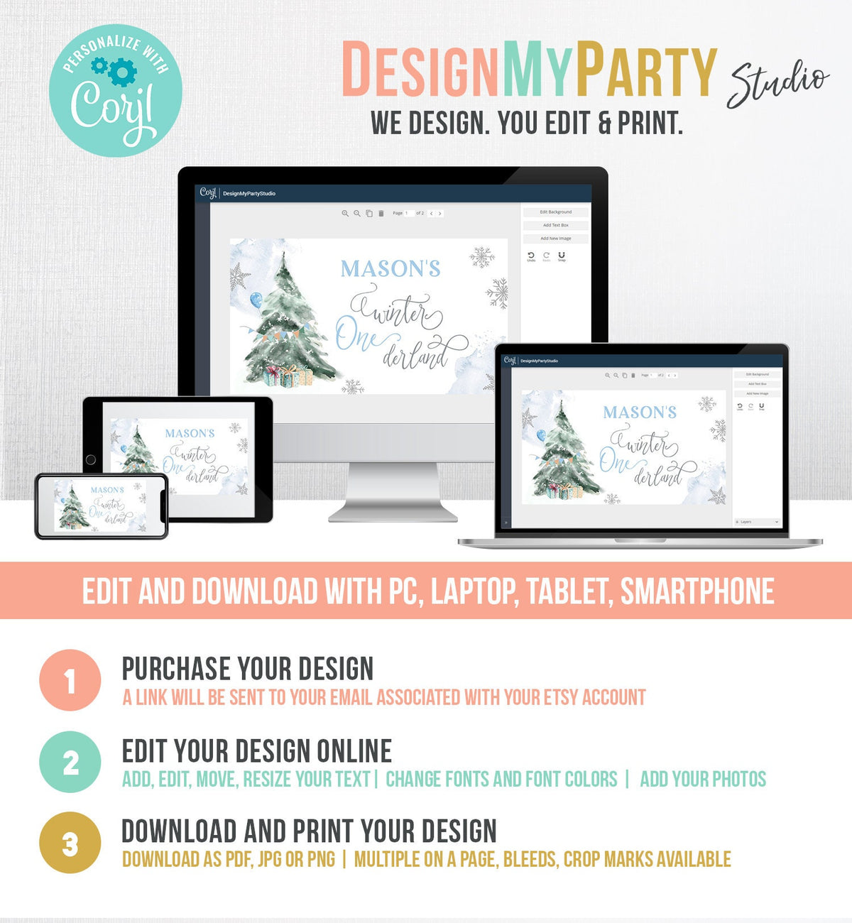 Editable Winter ONEderland Gable Gift Box Label Boy Birthday Treat Box Label Snow Tree Christmas Snowflake Download Printable Corjl 0363