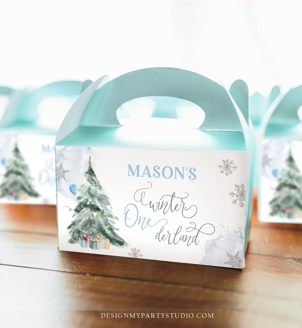 Editable Winter ONEderland Gable Gift Box Label Boy Birthday Treat Box Label Snow Tree Christmas Snowflake Download Printable Corjl 0363