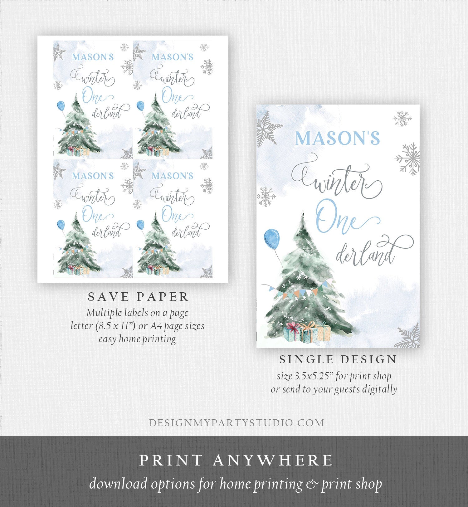 Editable Winter ONEderland Juice Pouch Label Juice Favors Boy First Birthday Christmas Snowflakes Digital Download Template Printable 0363