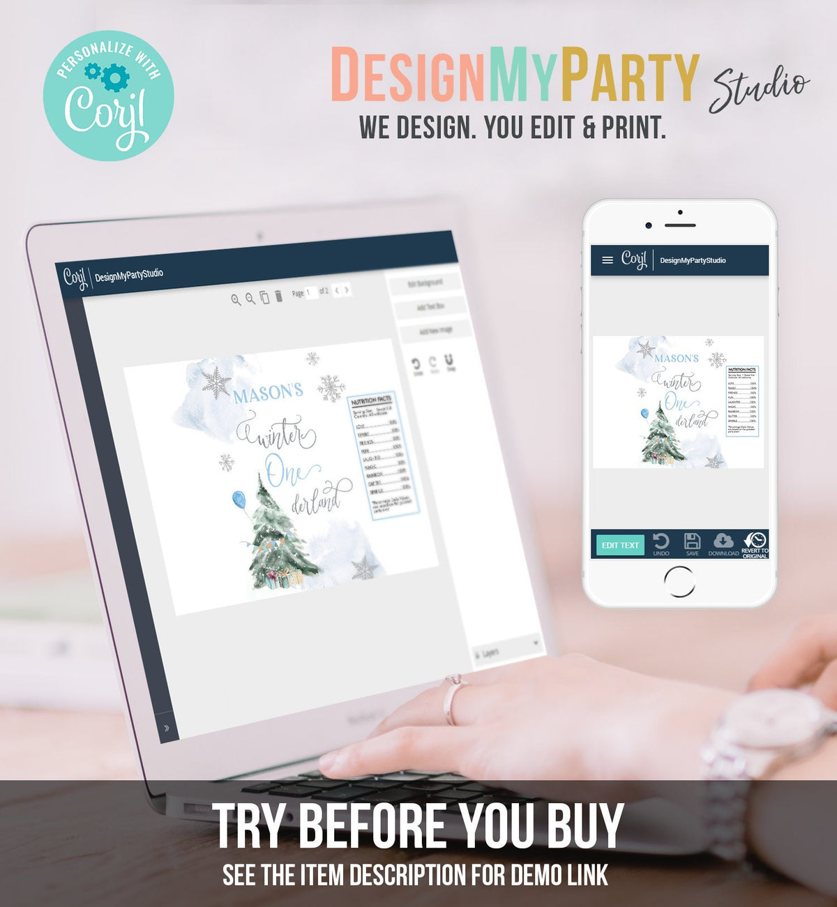 Editable Winter ONEderland Chip Bag Christmas Tree Snowflake Wonderland Boy First Birthday Party Favors Digital Template Printable 0363