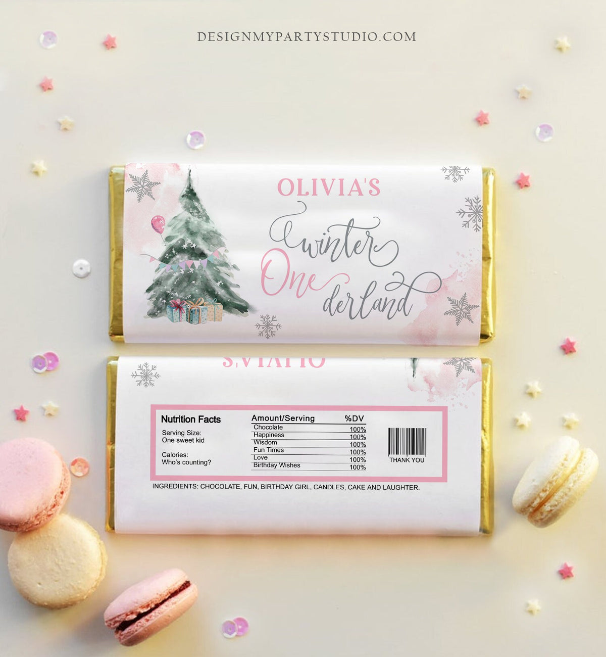 Editable Winter ONEderland Chocolate Bar Label Candy Bar Wrapper Girl First Birthday Christmas Tree Digital Download Template Printable 0363