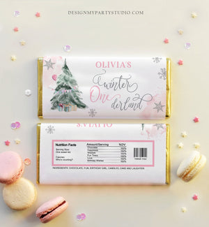 Editable Winter ONEderland Chocolate Bar Labels Candy Bar Wrapper Girl First Birthday Christmas Tree Download Corjl Template Printable 0363