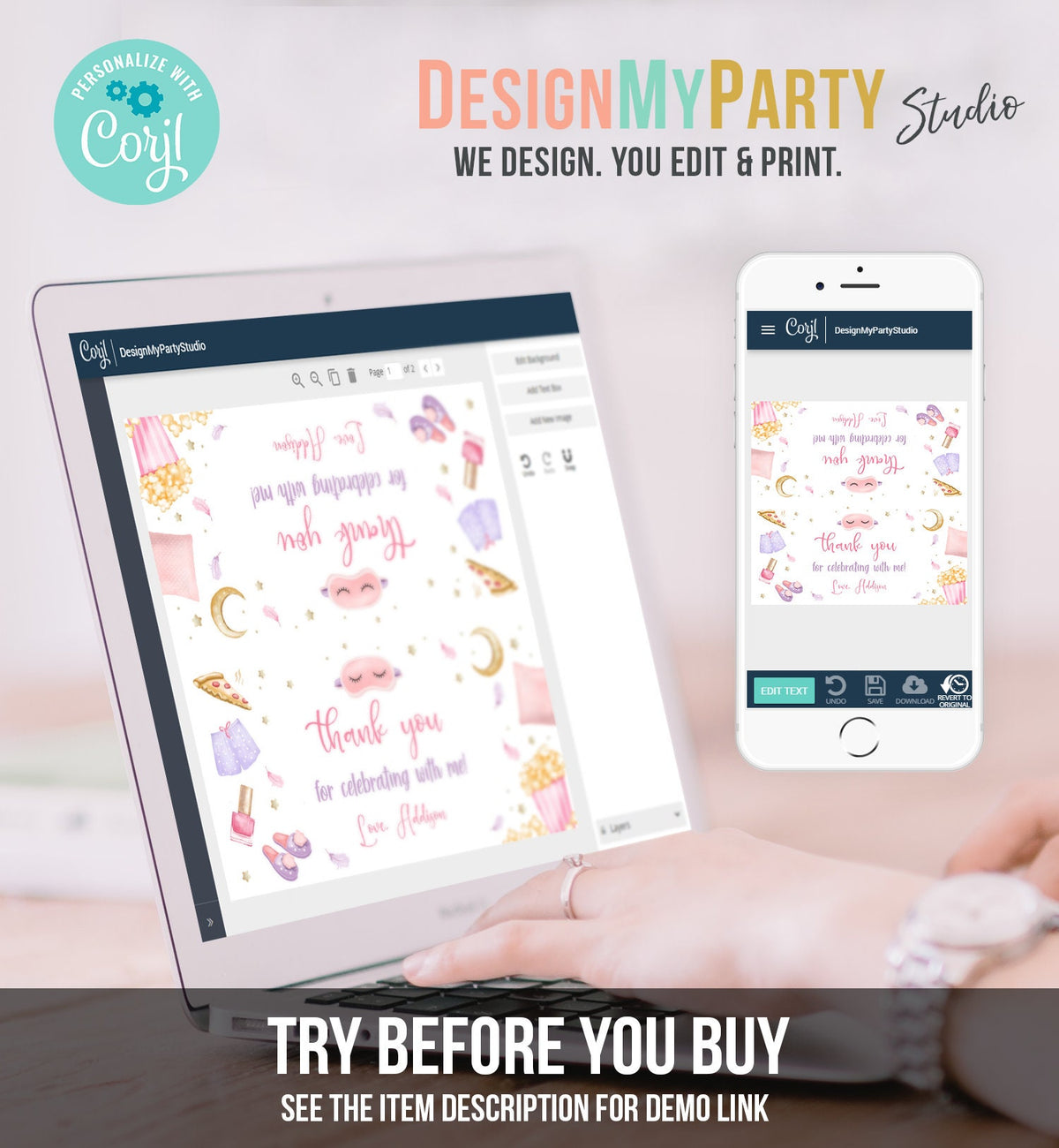 Editable Sleepover Slumber Party Treat Bag Toppers Girl Birthday Party Favors Thank You Movie Night Popcorn Pajamas Corjl Template 0447