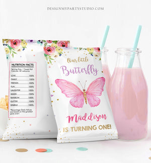 Editable Butterfly Chip Bag Birthday Party Baby Shower Decor Girl Watercolor Purple Lavender Floral Snack Favors Digital Corjl Template 0162