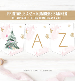 Winter Tree Alphabet Banner A-Z Numbers Banner Winter Onederland Christmas Birthday Pink Gold Baby Shower Wonderland Decor Printable 0363