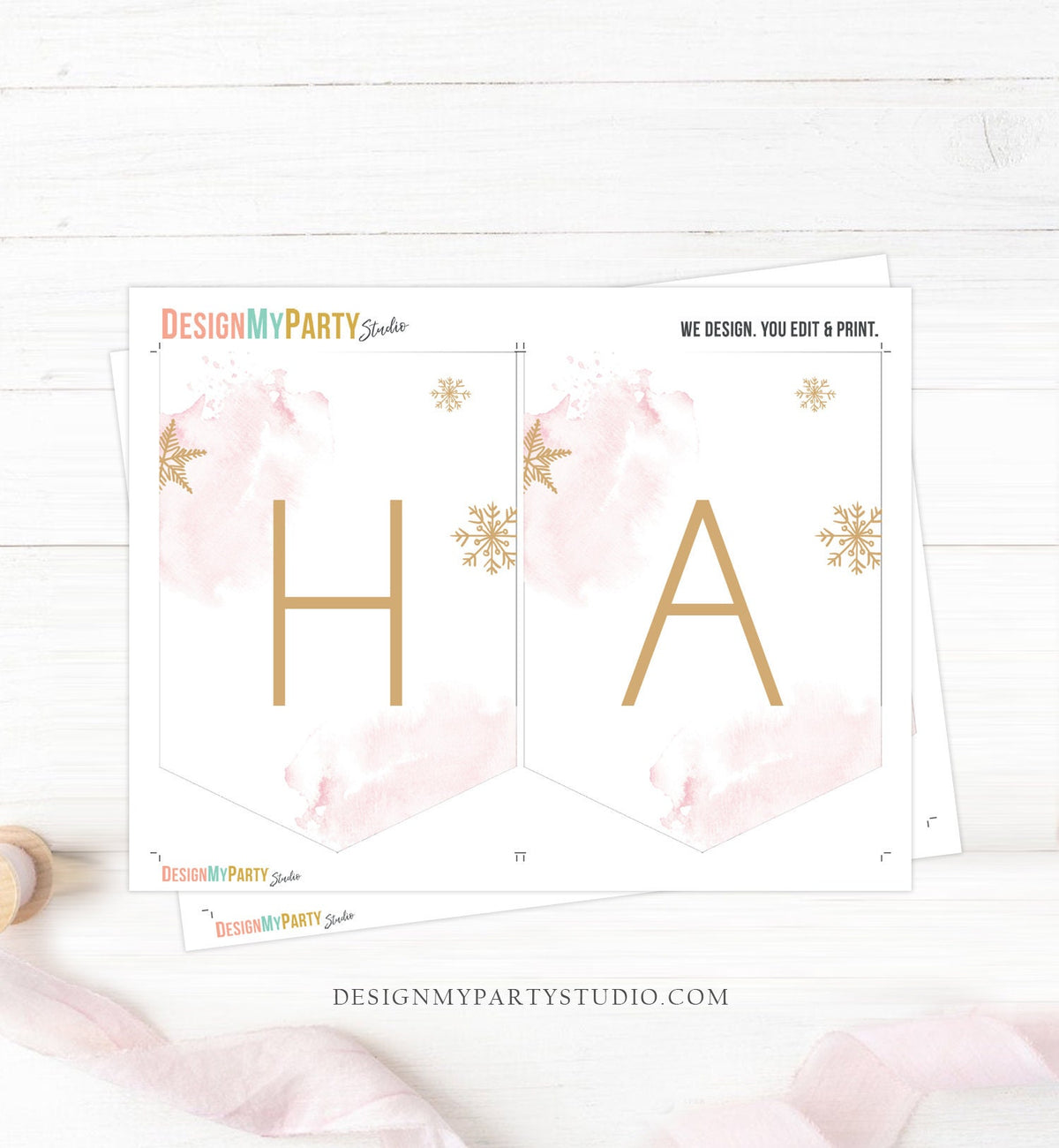 Happy Birthday Banner Winter Tree Birthday Girl Winter Onederland Magical Winter Christmas Gold Pink Download PRINTABLE DIGITAL DIY 0363