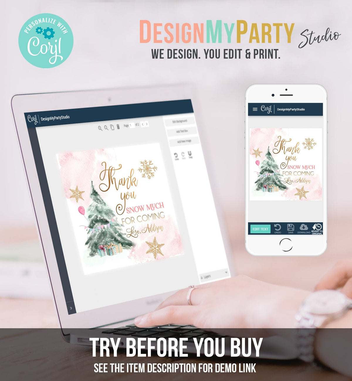 Editable Winter Tree Favor Tag Winter Onederland Girl Christmas Thank You Snow Much Birthday Pink Gold Gift Digital Template Printable 0363