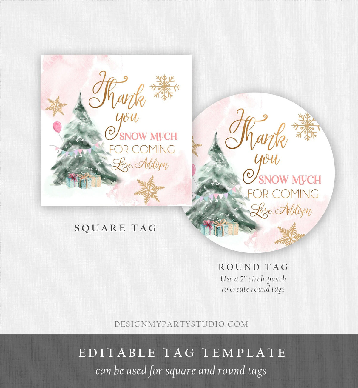 Editable Winter Tree Favor Tag Winter Onederland Girl Christmas Thank You Snow Much Birthday Pink Gold Gift Digital Template Printable 0363