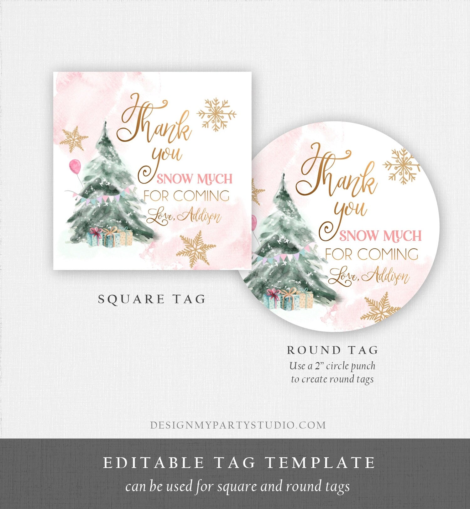 Editable Winter Tree Favor Tag Winter Onederland Girl Christmas Thank You Snow Much Birthday Pink Gold Gift Digital Template Printable 0363