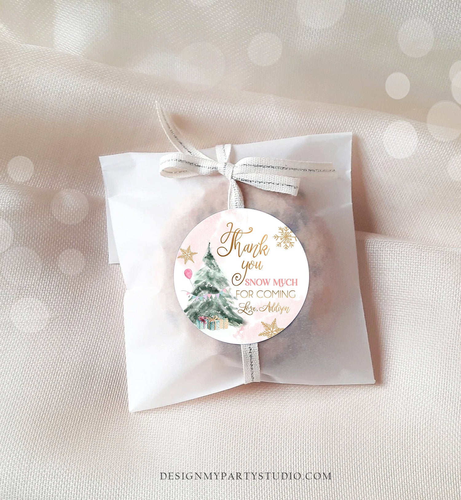 Editable Winter Tree Favor Tag Winter Onederland Girl Christmas Thank You Snow Much Birthday Pink Gold Gift Digital Template Printable 0363