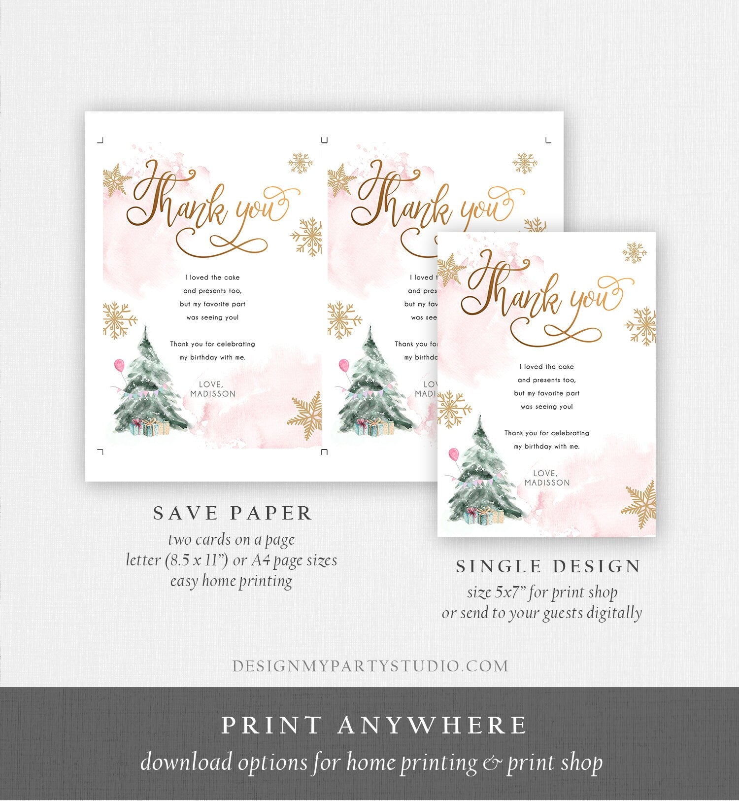 Editable Winter Tree Thank You Card Watercolor Birthday Winter Onederland Pink Gold Girl Christmas Snowflake Digital Template Printable 0363
