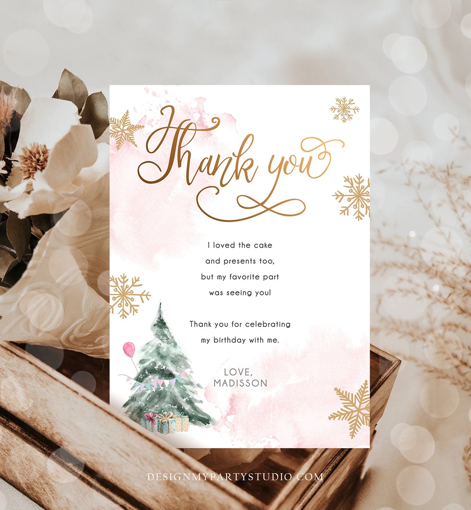 Editable Winter Tree Thank You Card Watercolor Birthday Winter Onederland Pink Gold Girl Christmas Snowflake Digital Template Printable 0363