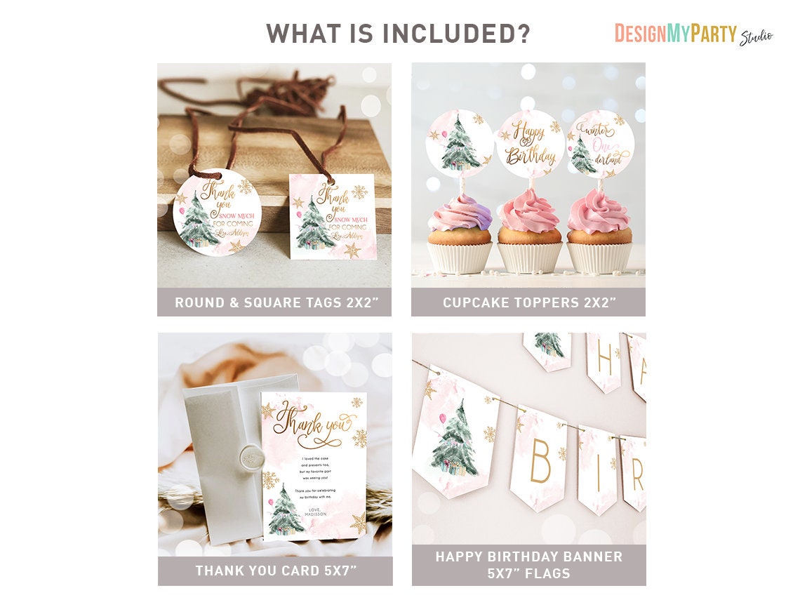 Winter ONEderland Birthday Bundle Christmas Girl Pink Gold 1st First Birthday Tree Snowflakes Watercolor Digital Template Printable 0363
