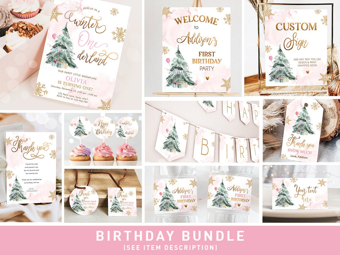 Winter ONEderland Birthday Bundle Christmas Girl Pink Gold 1st First Birthday Tree Snowflakes Watercolor Digital Template Printable 0363