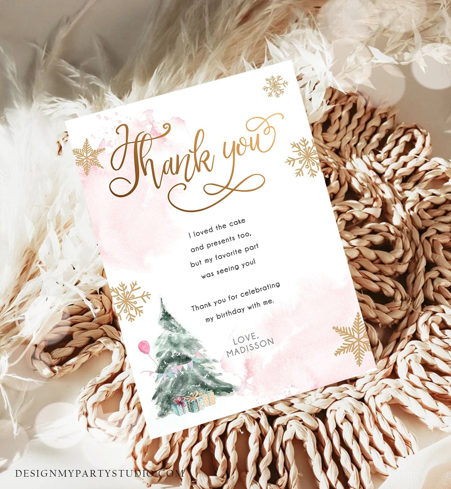 Editable Winter Tree Thank You Card Watercolor Birthday Winter Onederland Pink Gold Girl Christmas Snowflake Digital Template Printable 0363