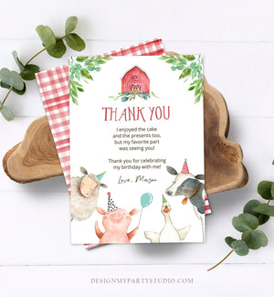 Editable Farm Animals Thank You Card Red Gingham Farm Birthday Boy Barnyard Thank You Card Birthday Corjl Template Instant Download 0155
