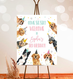 Editable Puppy Dog Birthday Party Welcome Sign Puppy Birthday Pink Pet Dog Birthday Come Sit Stay Paw-ty Girl Template Corjl PRINTABLE 0384