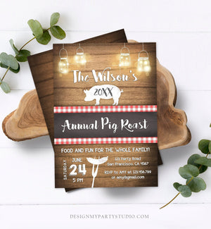 Editable Pig Roast Invitation Rustic Wood Backyard BBQ Birthday Family Party Couples Shower Vintage Outdoor Barbecue Country Corjl Template