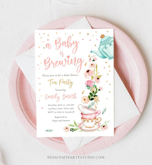 Editable Tea Party Baby Shower Invitation Tea Shower Sprinkle Floral Pink Gold Blush Brunch Bubbly Download Corjl Template Printable 0349