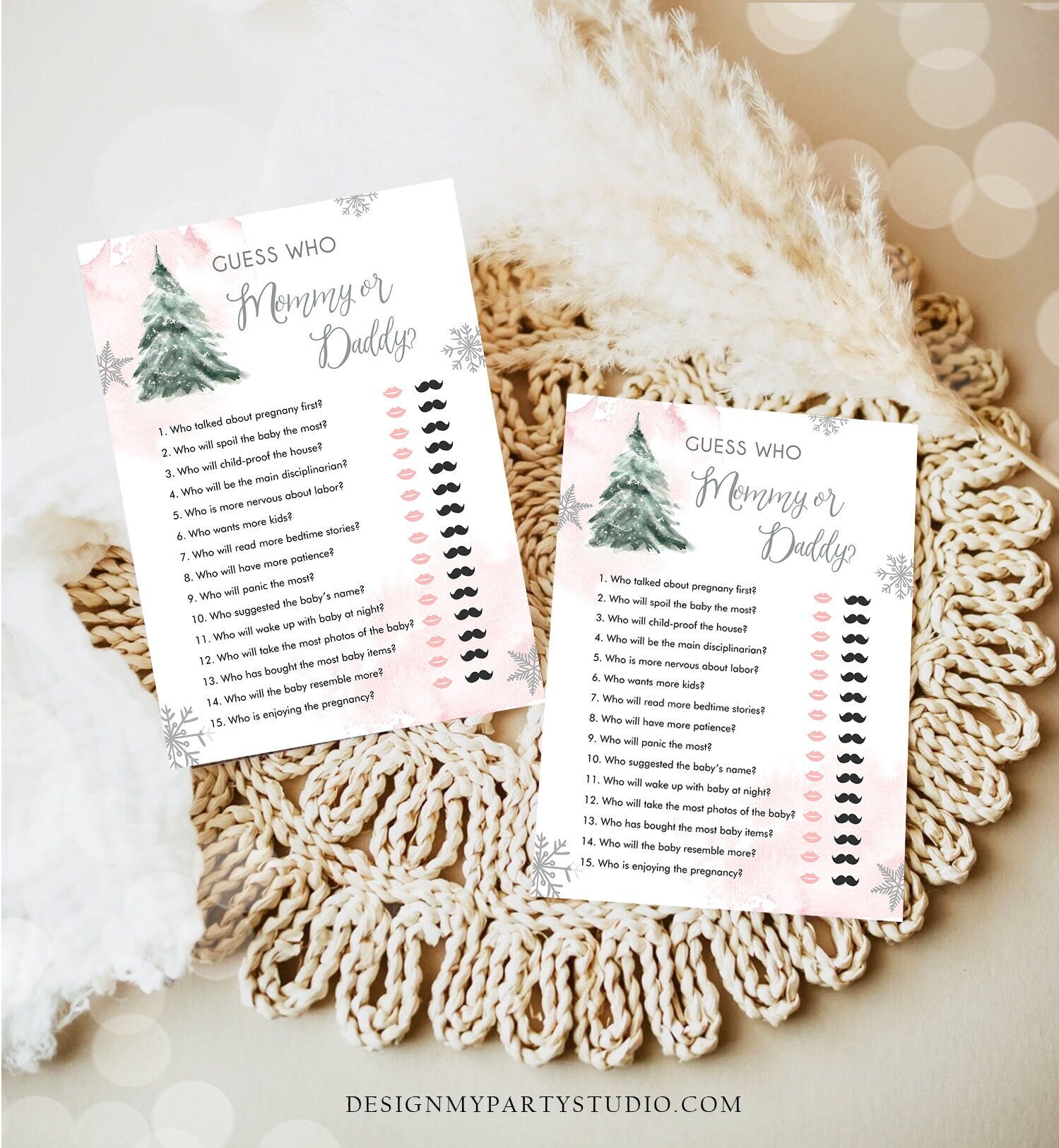 Editable Guess Who Mommy or Daddy Baby Shower Game Winter Baby Shower Cold Outside Girl Pink Tree Watercolor Corjl Template Printable 0363
