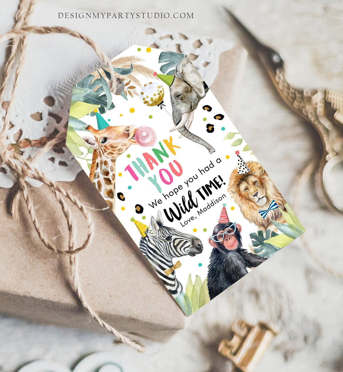 Editable Party Animals Favor Tags Wild One Animals Thank You Tags Safari Zoo Girl Birthday Wild Time Gift Tag Digital Corjl Template 0417