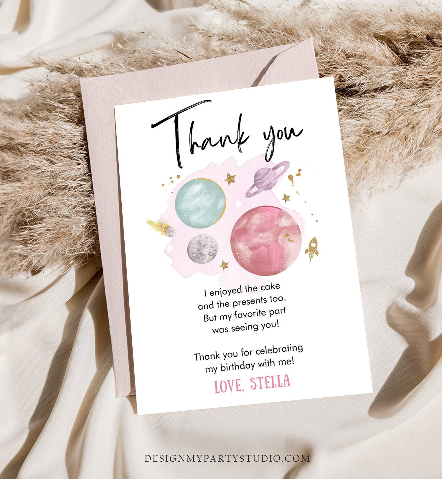 Editable Space Thank You Card Birthday Baby Shower Girl Astronaut To the Moon Galaxy Thank You Note Digital Download Template Printable 0357