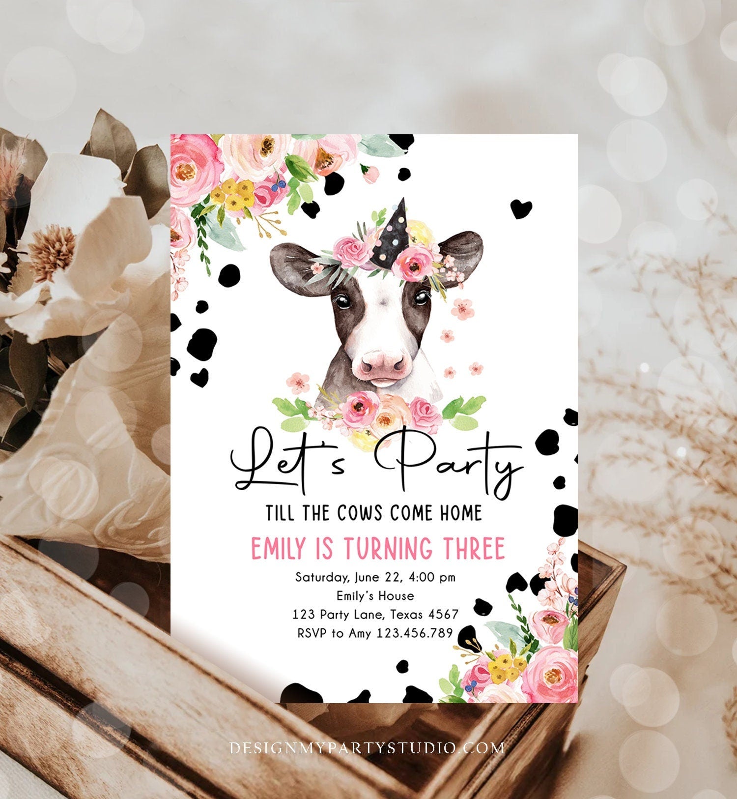 Editable Cow Birthday Invitation Girl Farm Animals Let's Party Till The Cowgirl Come Home Holy 1st Digital Download Template Printable 0434