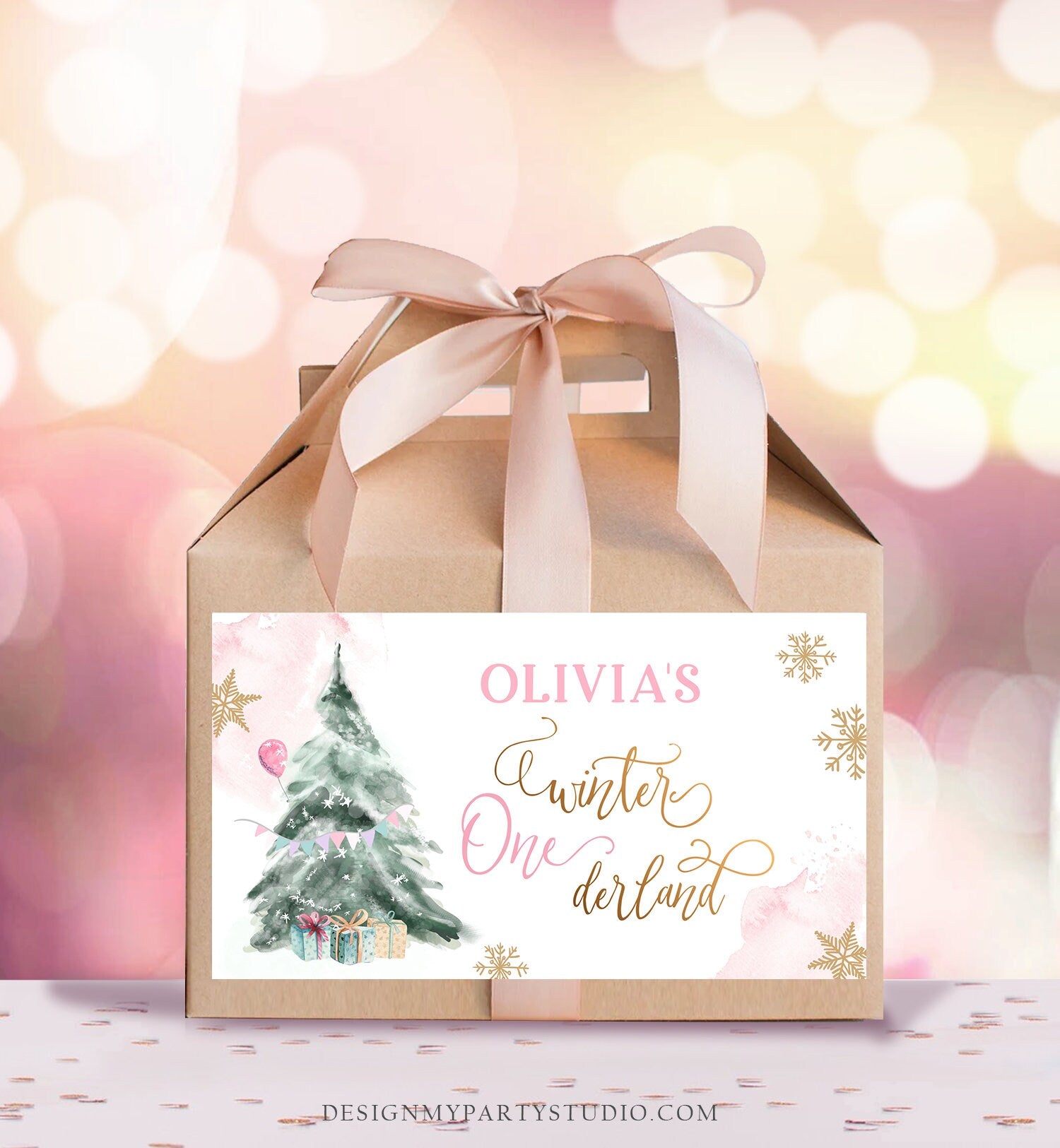 Editable Winter ONEderland Gable Gift Box Label Girl Birthday Treat Label Gold Snow Tree Christmas Snowflake Download Printable Corjl 0363