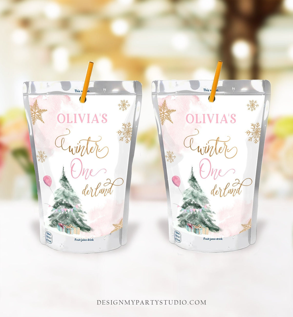 Editable Winter ONEderland Juice Pouch Label Juice Favors Girl Birthday Gold Christmas Snowflakes Digital Download Template Printable 0363