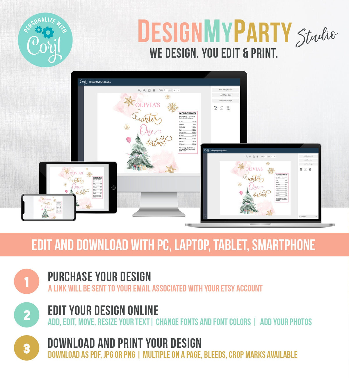 Editable Winter ONEderland Chip Bag Christmas Tree Snowflake Wonderland Girl Birthday Gold Party Favors Digital Template Printable 0363